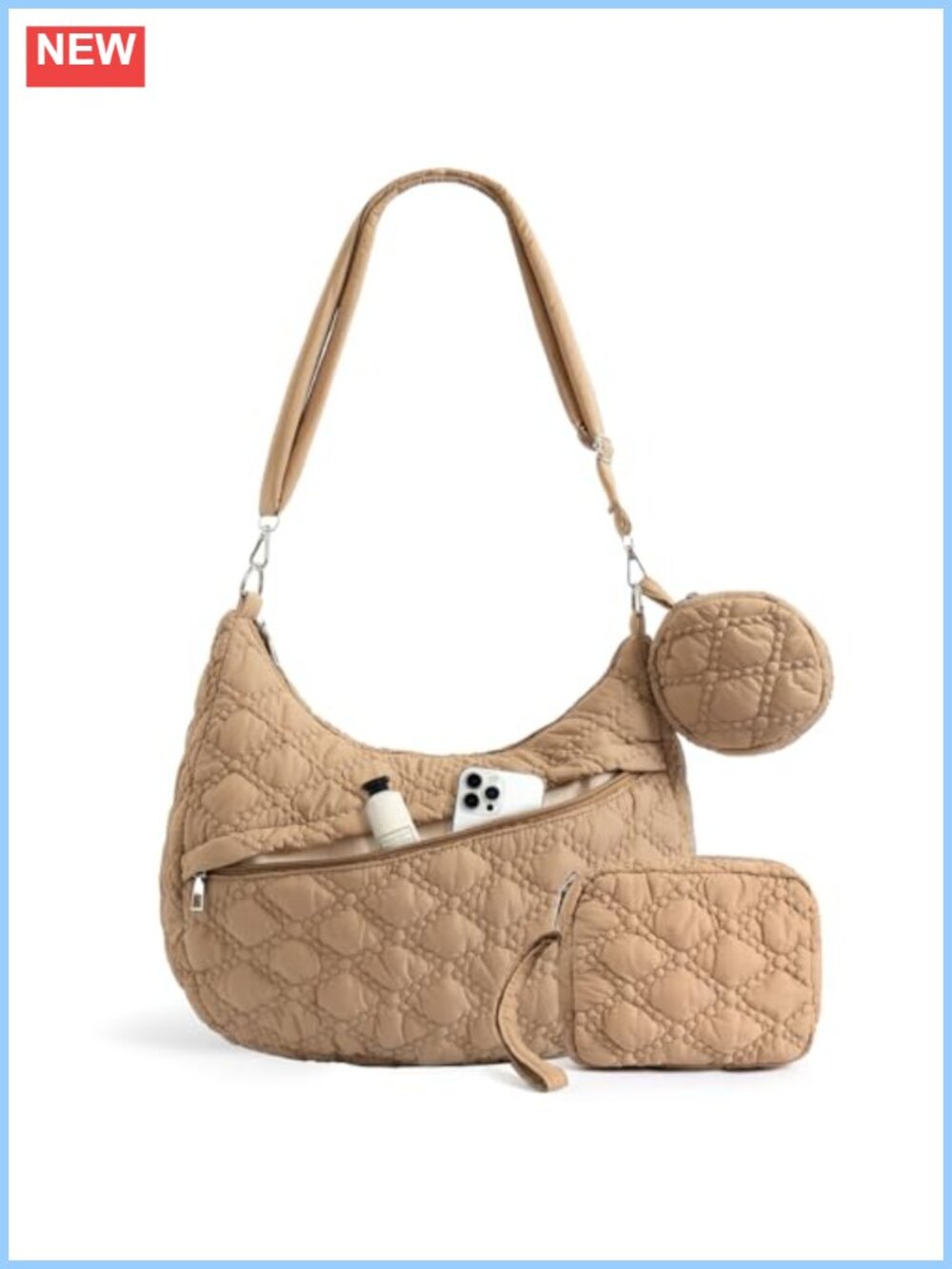 Quilted Puffer Tote Bag Set Nylon Crossbody Hobo Adjustable Strap